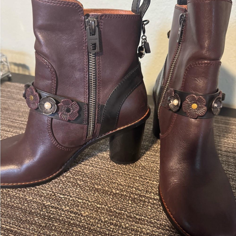 Coach Dark Brown Ankle Boots with Floral Accents - Picture 3 of 3